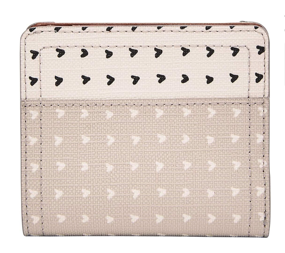 Fossil Women's Cream and Gray Hearts Logan PULeather RFID-Blocking Bifold Wallet